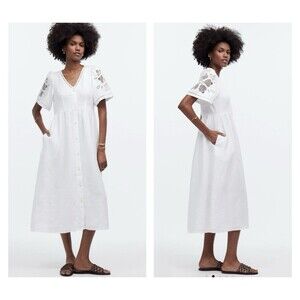 Madewell Cassie Button-Front Midi Dress Small Linen eyelet sleeves white NWT